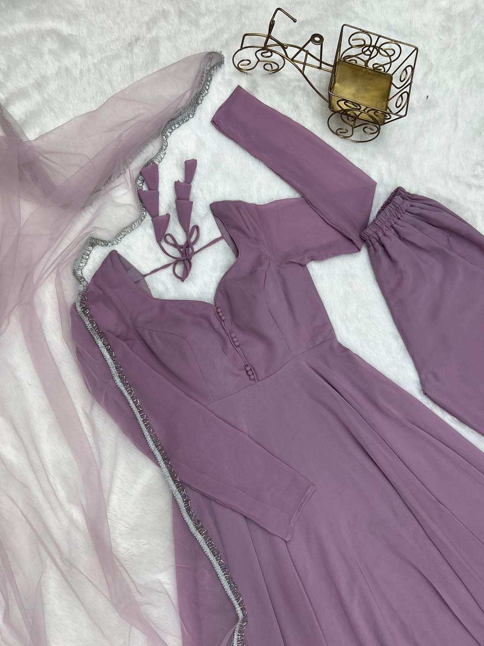 Light Dusty Mauve Graceful Fox Georgette Anarkali Set with Dupatta & Pant – Fully Stitched and Ready to Wear
