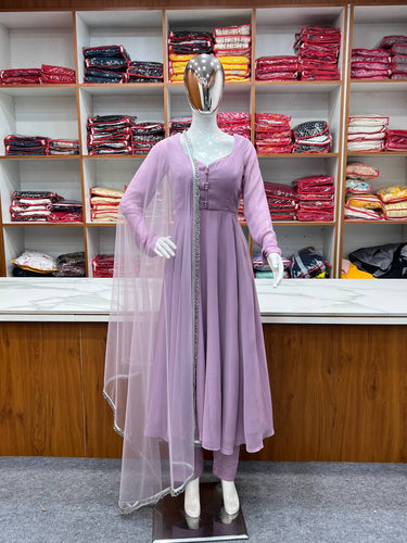 Light Dusty Mauve Graceful Fox Georgette Anarkali Set with Dupatta & Pant – Fully Stitched and Ready to Wear