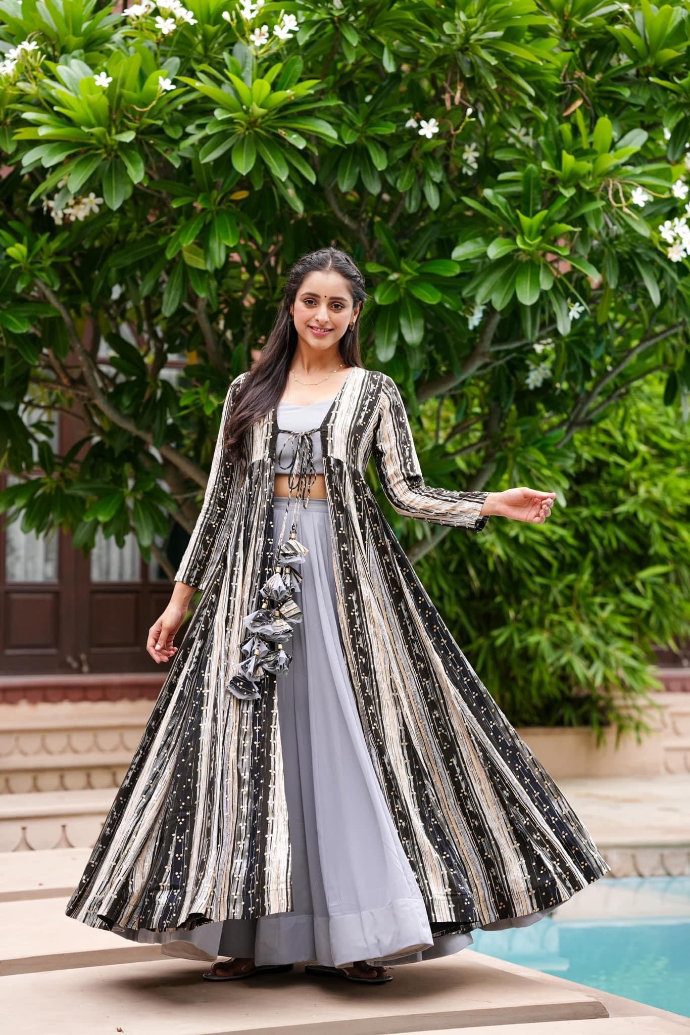 Light Gray 3-Piece Designer Set: Crop Top, Palazzo Pants & Shrug ClothsVilla Main image