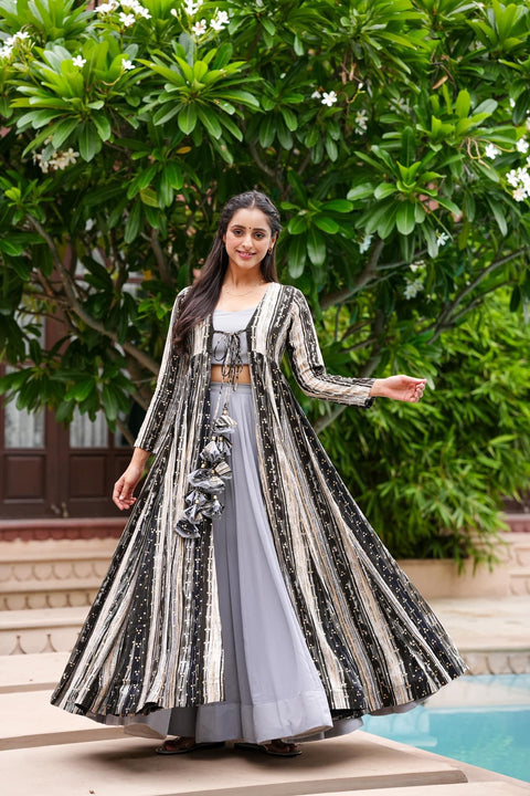 Light Gray 3-Piece Designer Set: Crop Top, Palazzo Pants & Shrug ClothsVilla Main image