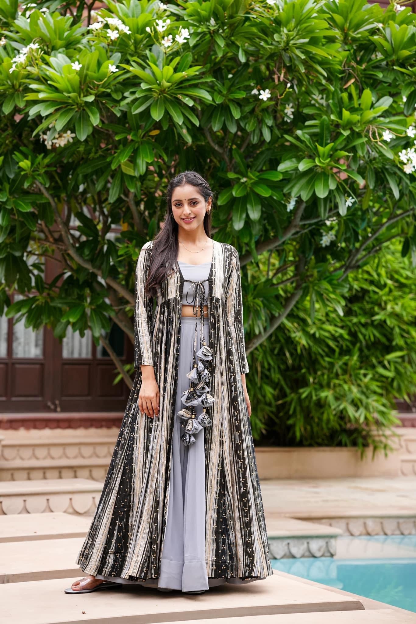 Light Gray 3-Piece Designer Set: Crop Top, Palazzo Pants & Shrug Secondary image