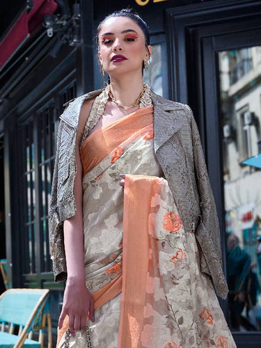 Light Gray Elegant Brasso Madurai Saree with Unstitched Blouse Piece Clothsvilla