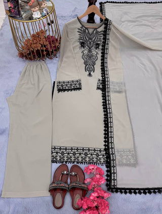Light Gray Elegant Embroidered Heavy Faux Georgette Suit Set with Fancy Sleeves & Latkan Border Clothsvilla