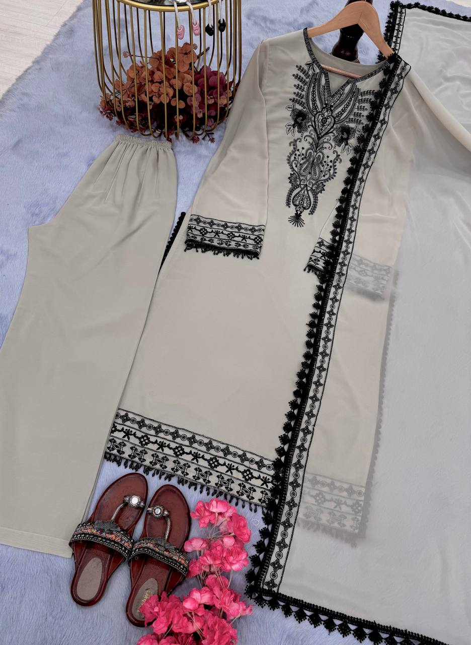 Light Gray Elegant Embroidered Heavy Faux Georgette Suit Set with Fancy Sleeves & Latkan Border Clothsvilla