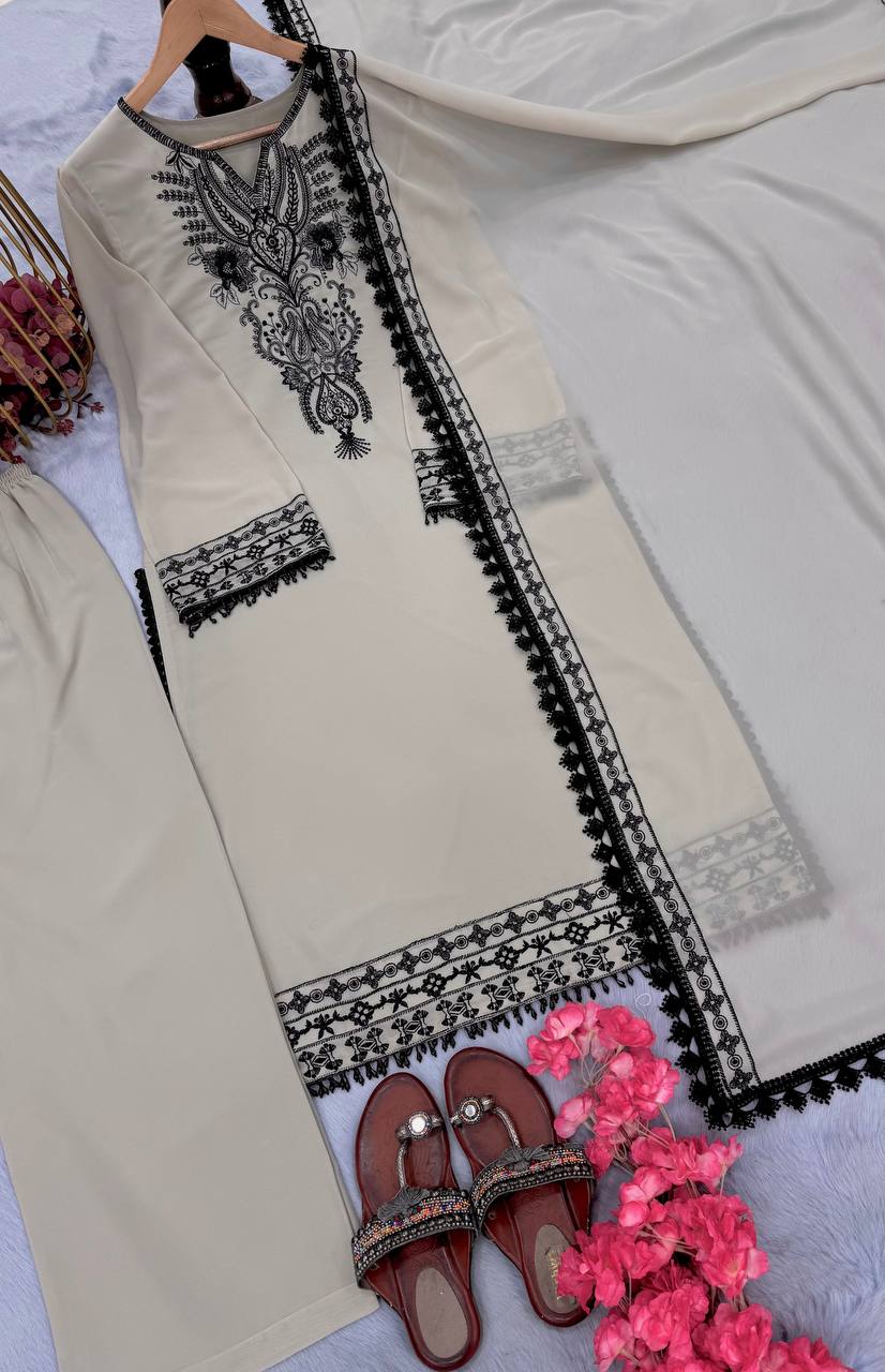 Light Gray Elegant Embroidered Heavy Faux Georgette Suit Set with Fancy Sleeves & Latkan Border Clothsvilla