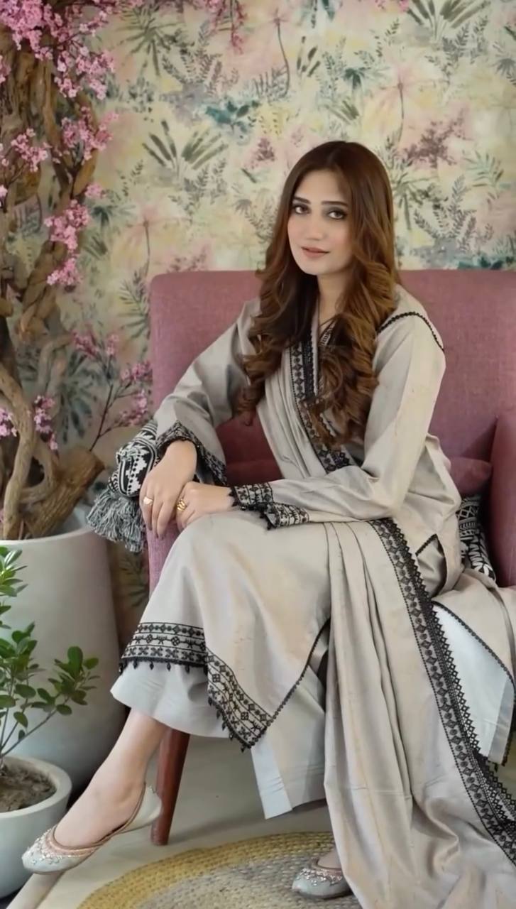 Light Gray Elegant Embroidered Heavy Faux Georgette Suit Set with Fancy Sleeves & Latkan Border Clothsvilla