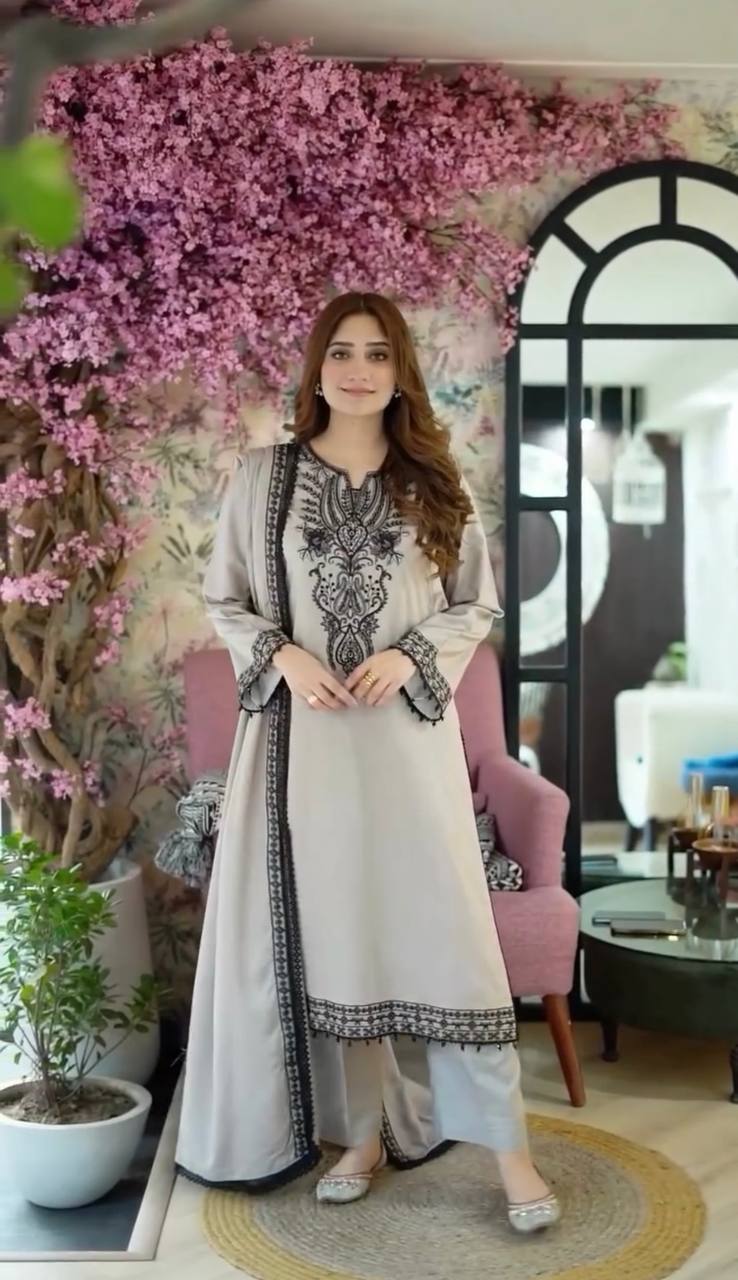 Light Gray Elegant Embroidered Heavy Faux Georgette Suit Set with Fancy Sleeves & Latkan Border Clothsvilla Main image