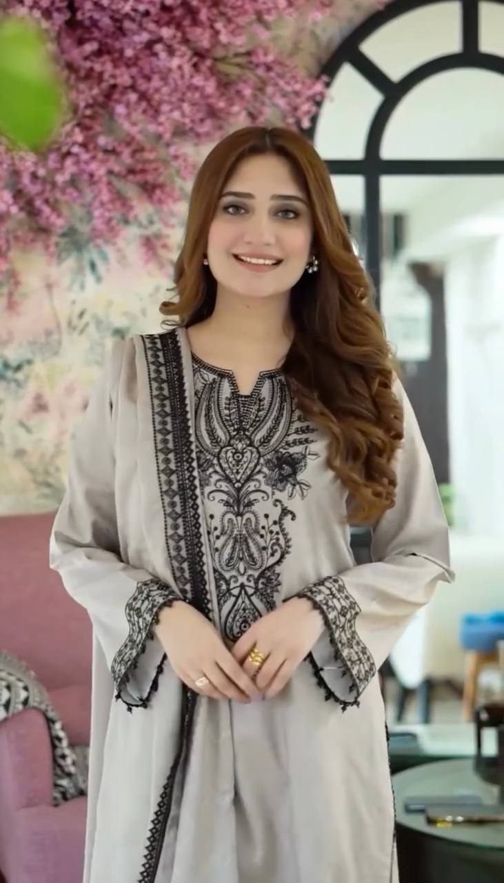 Light Gray Elegant Embroidered Heavy Faux Georgette Suit Set with Fancy Sleeves & Latkan Border Secondary image