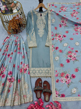 Light Gray Elegant Heavy Chinon Silk Embroidered Palazzo Set with Fancy Tassels & Dupatta ClothsVilla