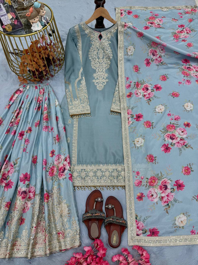 Light Gray Elegant Heavy Chinon Silk Embroidered Palazzo Set with Fancy Tassels & Dupatta ClothsVilla