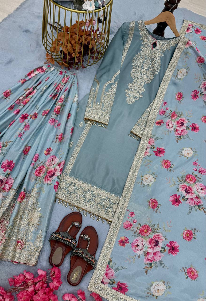 Light Gray Elegant Heavy Chinon Silk Embroidered Palazzo Set with Fancy Tassels & Dupatta ClothsVilla