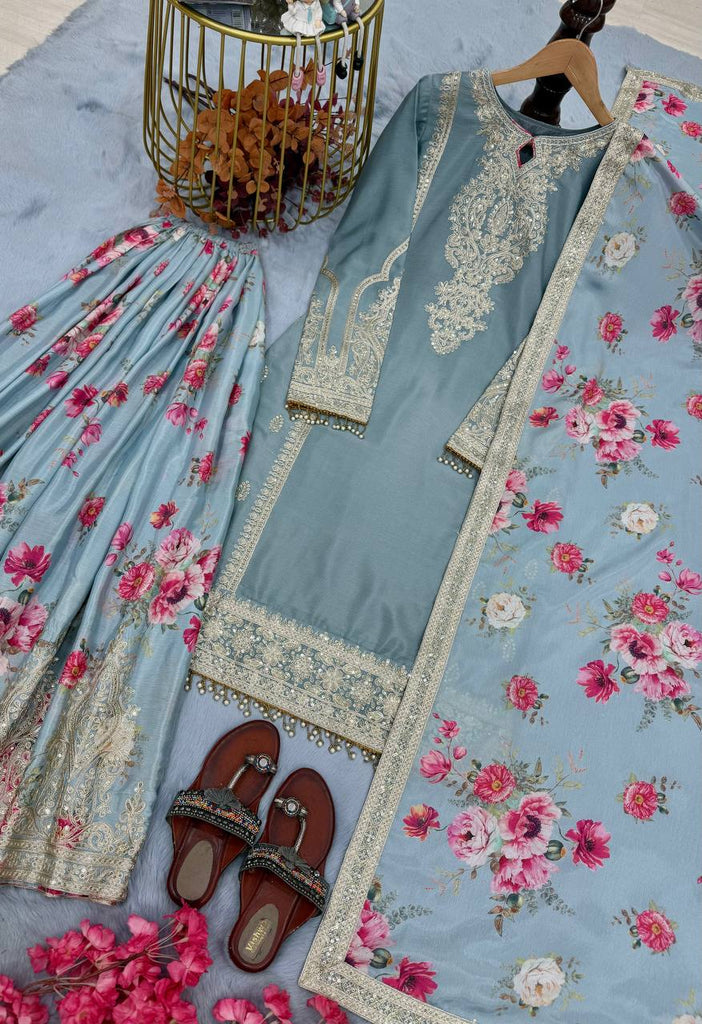 Light Gray Elegant Heavy Chinon Silk Embroidered Palazzo Set with Fancy Tassels & Dupatta ClothsVilla
