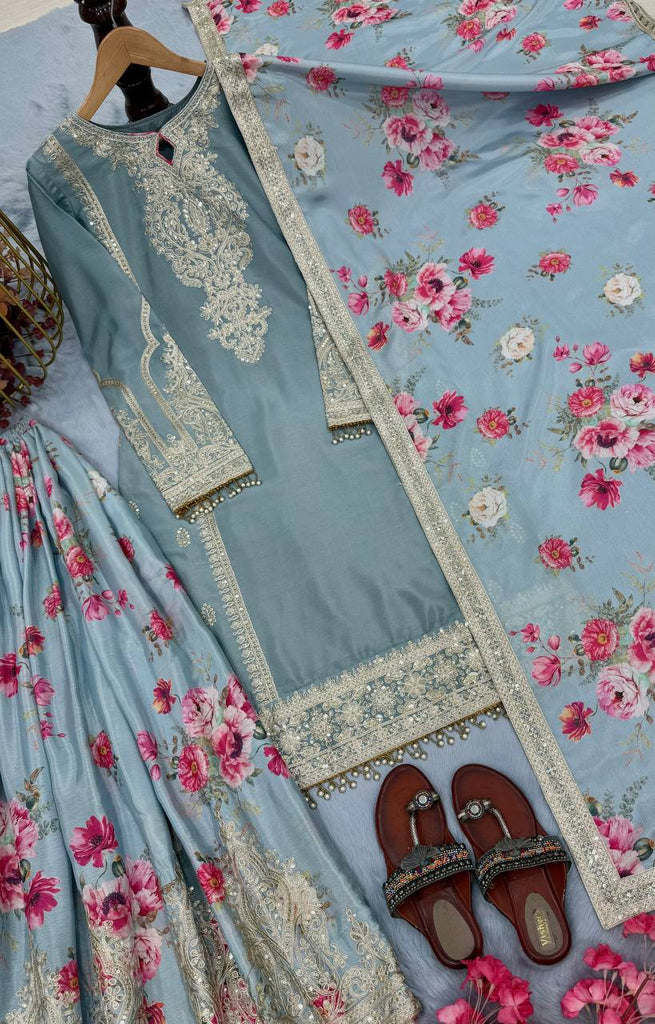 Light Gray Elegant Heavy Chinon Silk Embroidered Palazzo Set with Fancy Tassels & Dupatta ClothsVilla