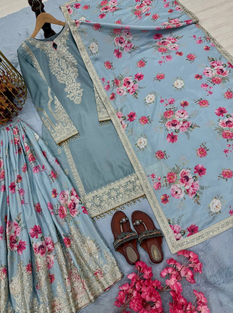 Light Gray Elegant Heavy Chinon Silk Embroidered Palazzo Set with Fancy Tassels & Dupatta ClothsVilla