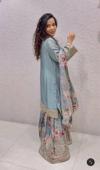 Light Gray Elegant Heavy Chinon Silk Embroidered Palazzo Set with Fancy Tassels & Dupatta ClothsVilla