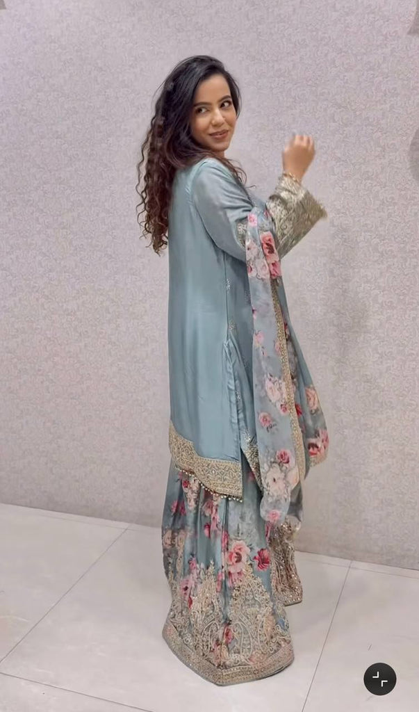 Light Gray Elegant Heavy Chinon Silk Embroidered Palazzo Set with Fancy Tassels & Dupatta ClothsVilla