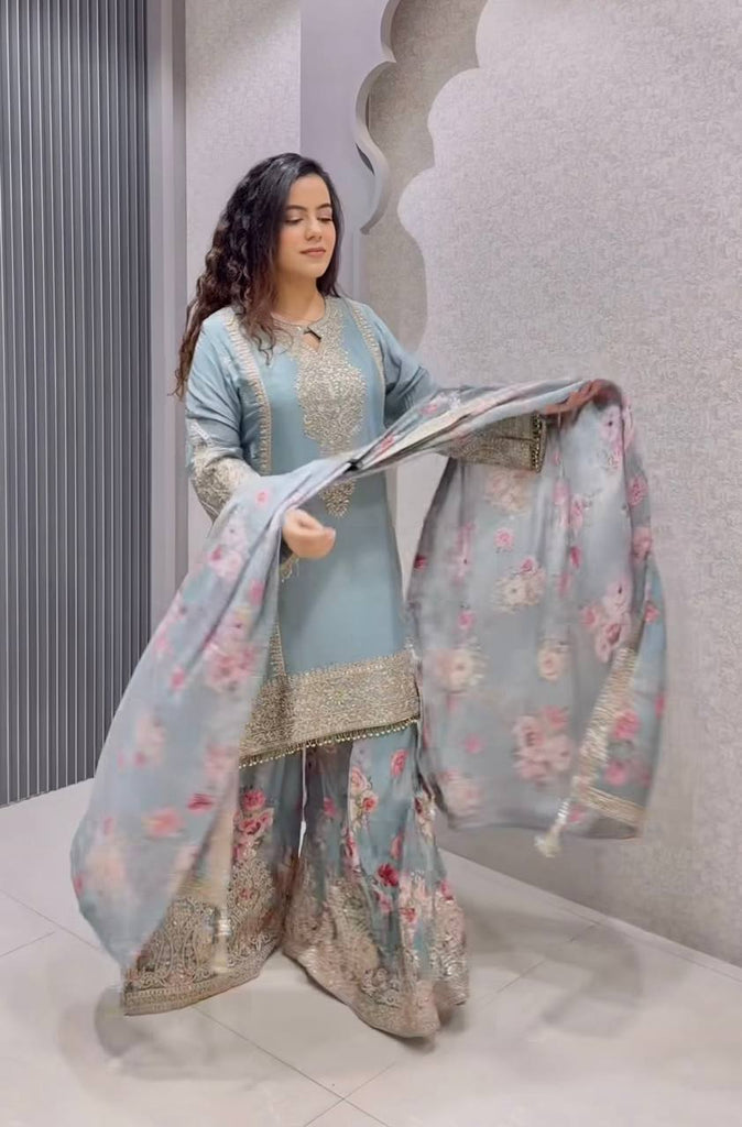 Light Gray Elegant Heavy Chinon Silk Embroidered Palazzo Set with Fancy Tassels & Dupatta ClothsVilla