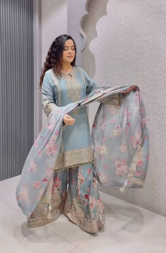 Light Gray Elegant Heavy Chinon Silk Embroidered Palazzo Set with Fancy Tassels & Dupatta ClothsVilla