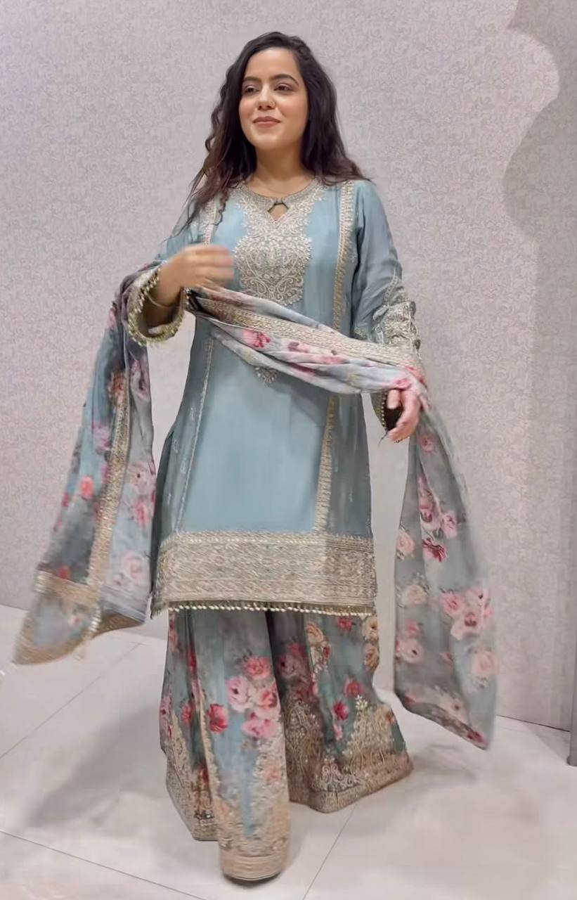 Light Gray Elegant Heavy Chinon Silk Embroidered Palazzo Set with Fancy Tassels & Dupatta ClothsVilla Main image