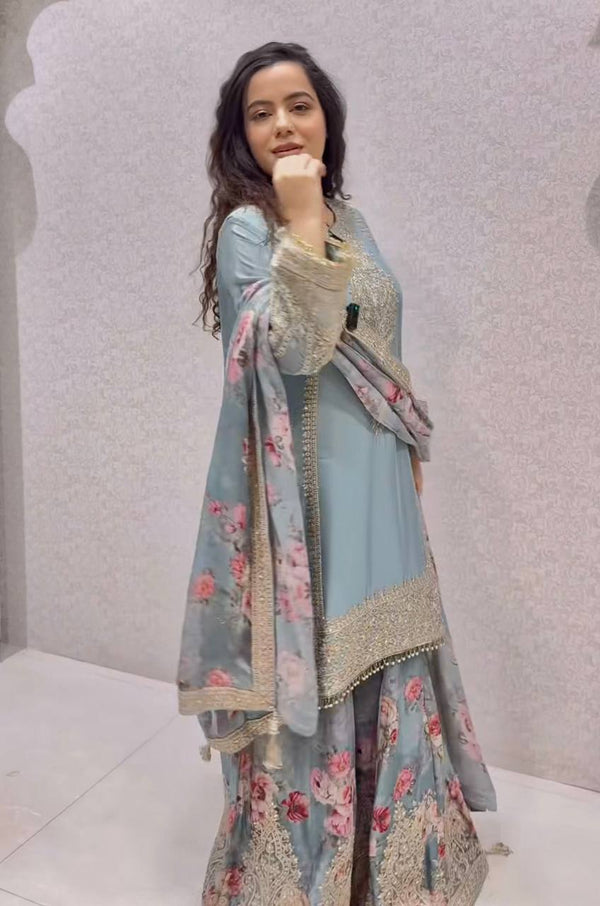 Light Gray Elegant Heavy Chinon Silk Embroidered Palazzo Set with Fancy Tassels & Dupatta ClothsVilla