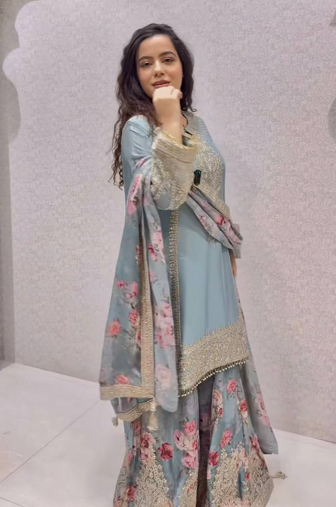 Light Gray Elegant Heavy Chinon Silk Embroidered Palazzo Set with Fancy Tassels & Dupatta ClothsVilla