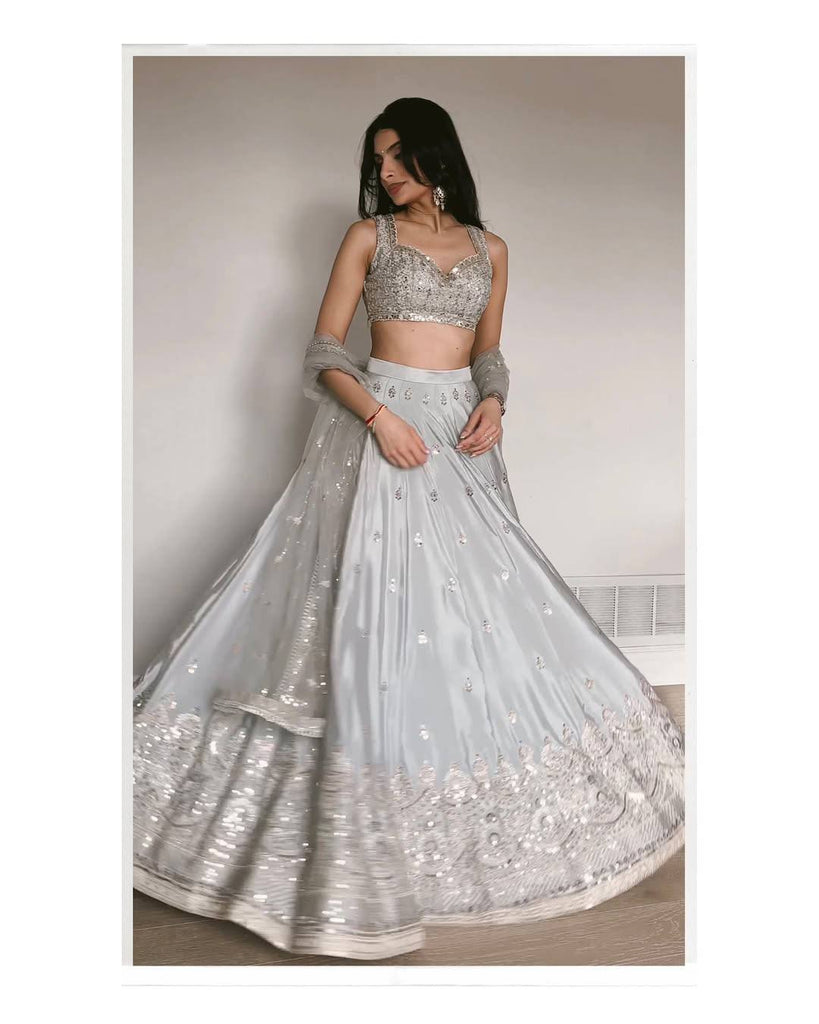 Light Gray Satin Silk Sequins Embroidered Lehenga Choli Set with 3.5-Meter Flair & Net Dupatta ClothsVilla