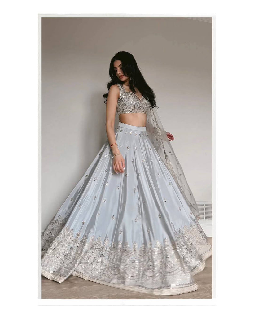 Light Gray Satin Silk Sequins Embroidered Lehenga Choli Set with 3.5-Meter Flair & Net Dupatta ClothsVilla