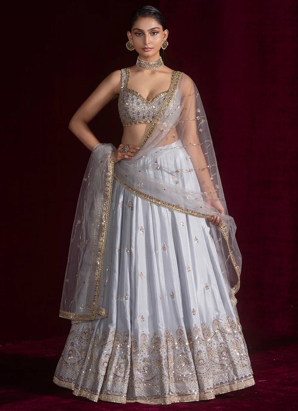 Light Gray Satin Silk Sequins Embroidered Lehenga Choli Set with 3.5-Meter Flair & Net Dupatta ClothsVilla