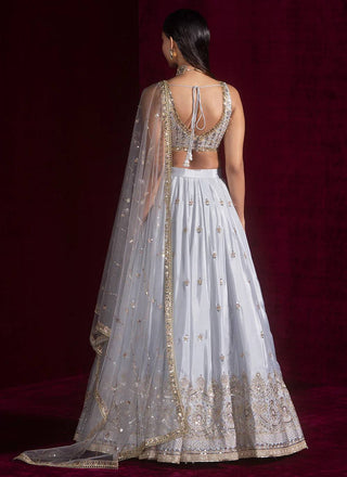 Light Gray Satin Silk Sequins Embroidered Lehenga Choli Set with 3.5-Meter Flair & Net Dupatta ClothsVilla