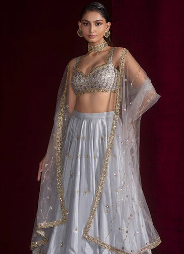 Light Gray Satin Silk Sequins Embroidered Lehenga Choli Set with 3.5-Meter Flair & Net Dupatta ClothsVilla