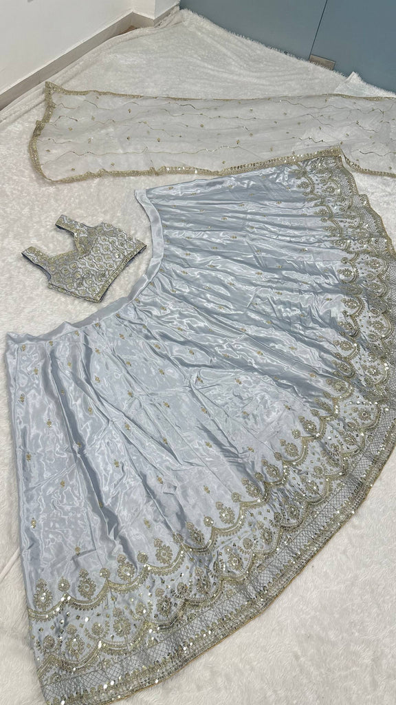 Light Gray Satin Silk Sequins Embroidered Lehenga Choli Set with 3.5-Meter Flair & Net Dupatta ClothsVilla
