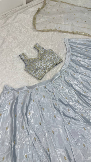 Light Gray Satin Silk Sequins Embroidered Lehenga Choli Set with 3.5-Meter Flair & Net Dupatta ClothsVilla