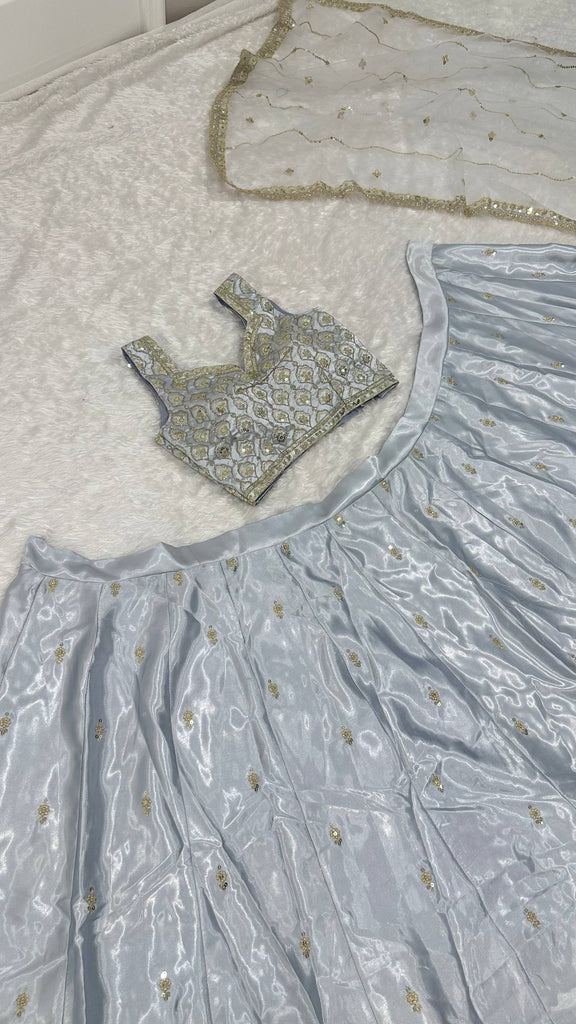 Light Gray Satin Silk Sequins Embroidered Lehenga Choli Set with 3.5-Meter Flair & Net Dupatta ClothsVilla