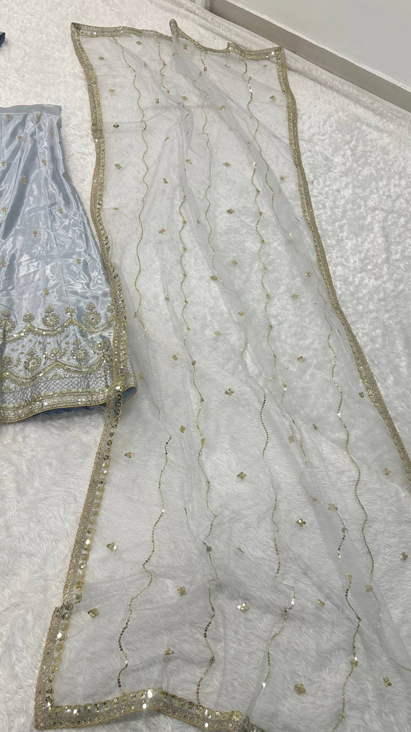 Light Gray Satin Silk Sequins Embroidered Lehenga Choli Set with 3.5-Meter Flair & Net Dupatta ClothsVilla