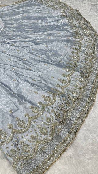 Light Gray Satin Silk Sequins Embroidered Lehenga Choli Set with 3.5-Meter Flair & Net Dupatta ClothsVilla
