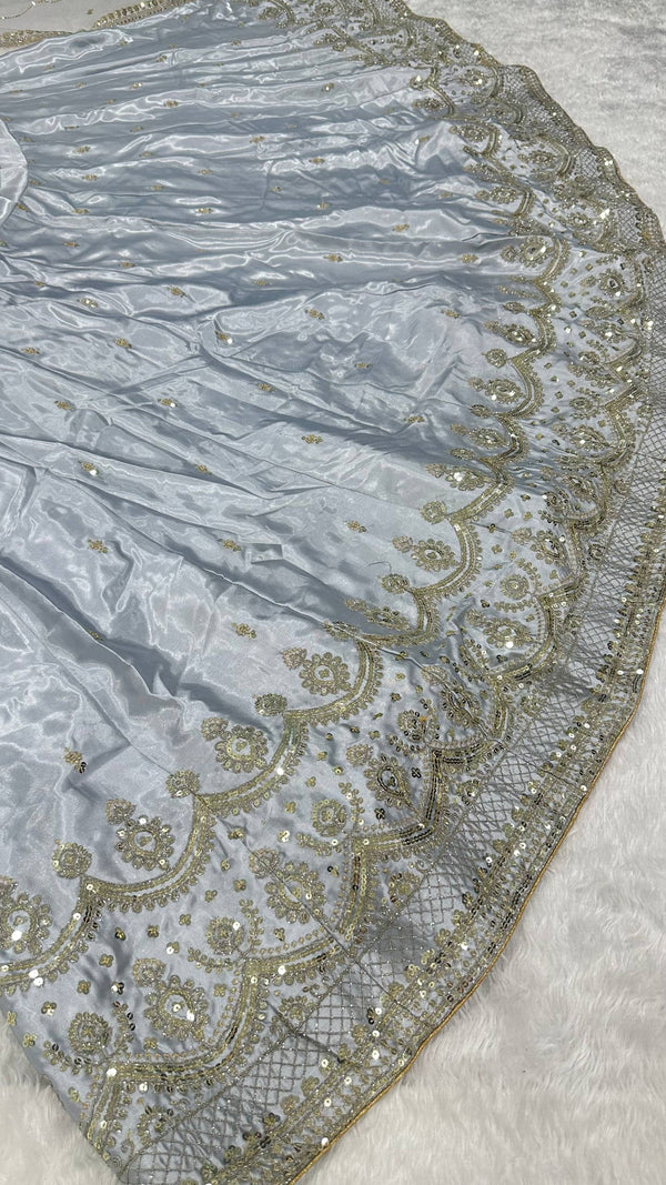Light Gray Satin Silk Sequins Embroidered Lehenga Choli Set with 3.5-Meter Flair & Net Dupatta ClothsVilla