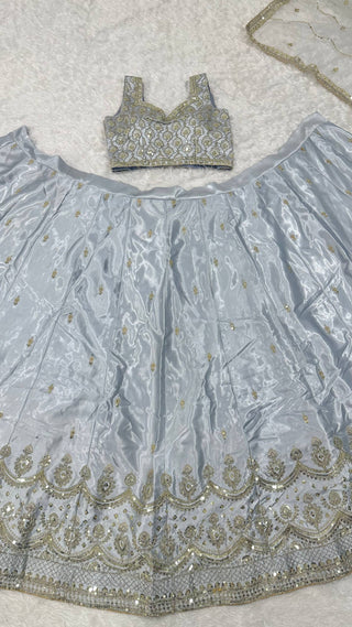 Light Gray Satin Silk Sequins Embroidered Lehenga Choli Set with 3.5-Meter Flair & Net Dupatta ClothsVilla