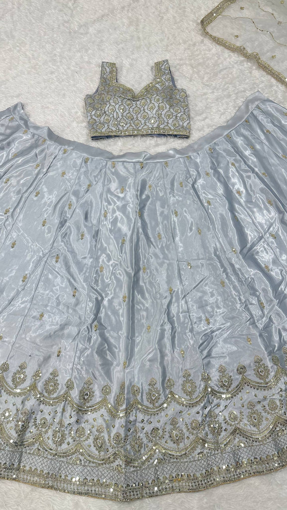 Light Gray Satin Silk Sequins Embroidered Lehenga Choli Set with 3.5-Meter Flair & Net Dupatta ClothsVilla