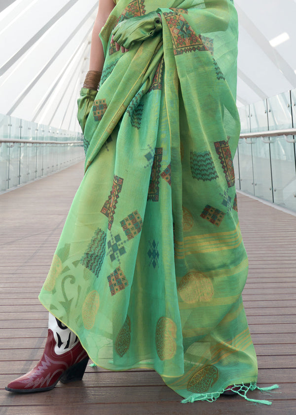 Light Green Elegant Linen Silk Saree – Breathable & Stylish with Blouse Piece ClothsVilla