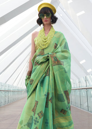 Light Green Elegant Linen Silk Saree – Breathable & Stylish with Blouse Piece ClothsVilla