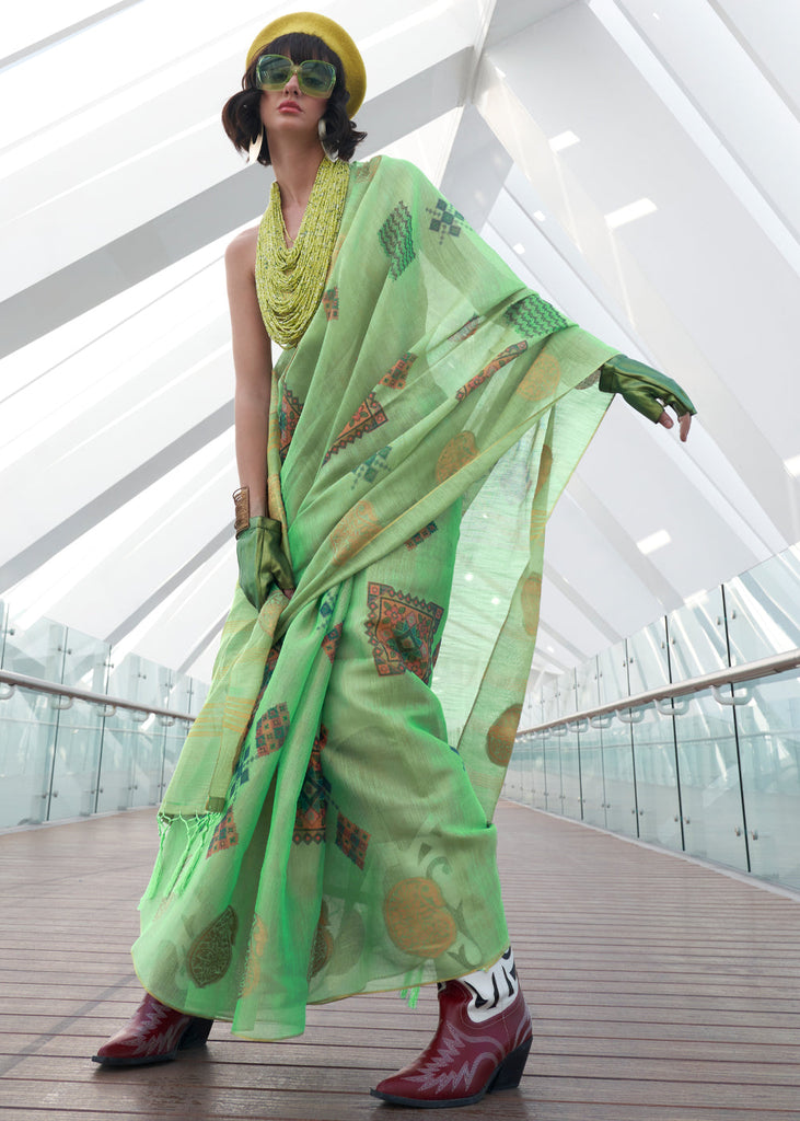 Light Green Elegant Linen Silk Saree – Breathable & Stylish with Blouse Piece ClothsVilla