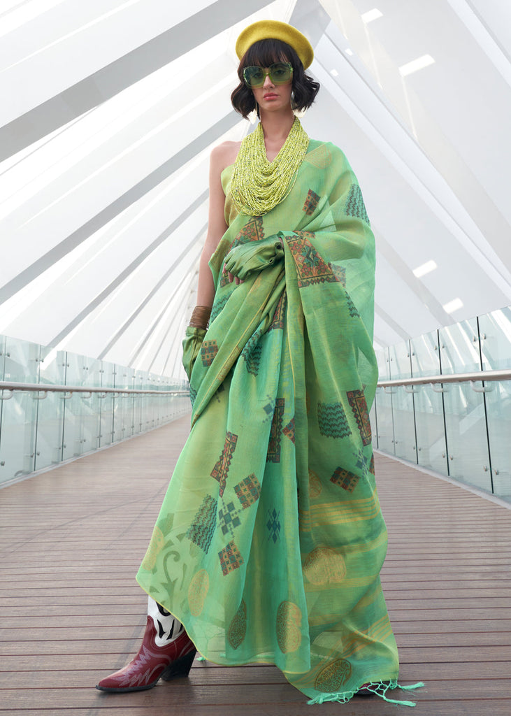 Light Green Elegant Linen Silk Saree – Breathable & Stylish with Blouse Piece ClothsVilla