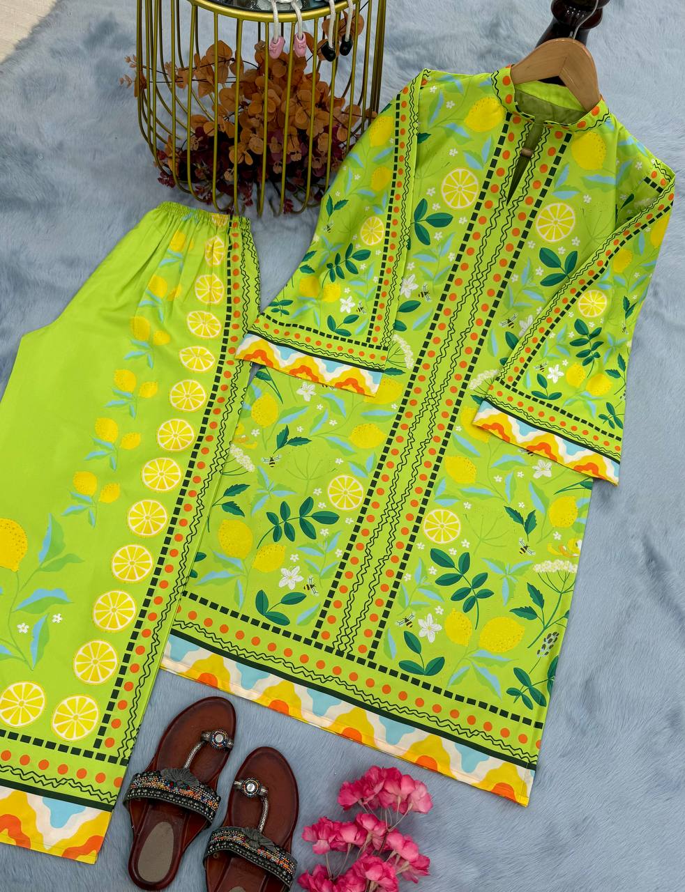 Light Green Elegant Pure Natural Crepe Digital Print Co-Ord Set Top & Plazzo – Fully Stitched ClothsVilla Main image