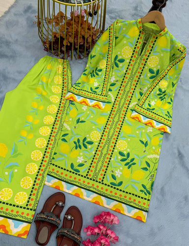 Light Green Elegant Pure Natural Crepe Digital Print Co-Ord Set Top & Plazzo – Fully Stitched ClothsVilla