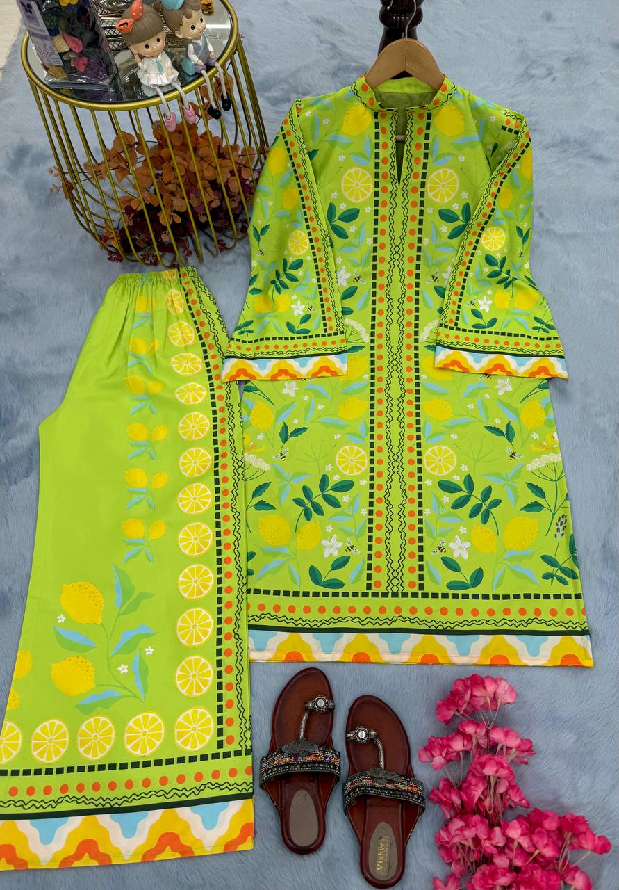 Light Green Elegant Pure Natural Crepe Digital Print Co-Ord Set Top & Plazzo – Fully Stitched ClothsVilla