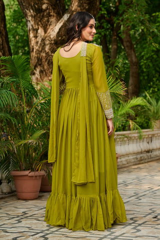 Parrot Green Elegant Star Georgette Embroidered Gown with Dupatta – Beads & Sequins Work ClothsVilla