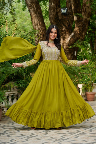 Parrot Green Elegant Star Georgette Embroidered Gown with Dupatta – Beads & Sequins Work ClothsVilla
