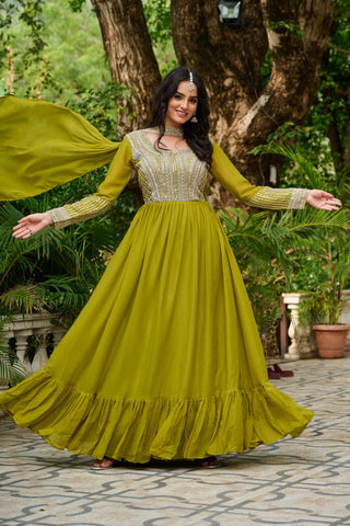 Parrot Green Elegant Star Georgette Embroidered Gown with Dupatta – Beads & Sequins Work ClothsVilla