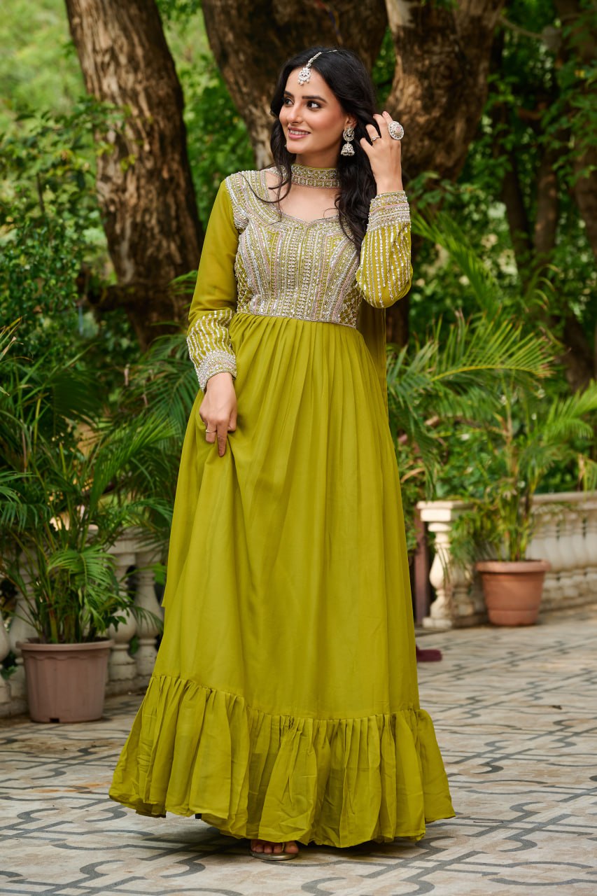 Parrot Green Elegant Star Georgette Embroidered Gown with Dupatta – Beads & Sequins Work ClothsVilla