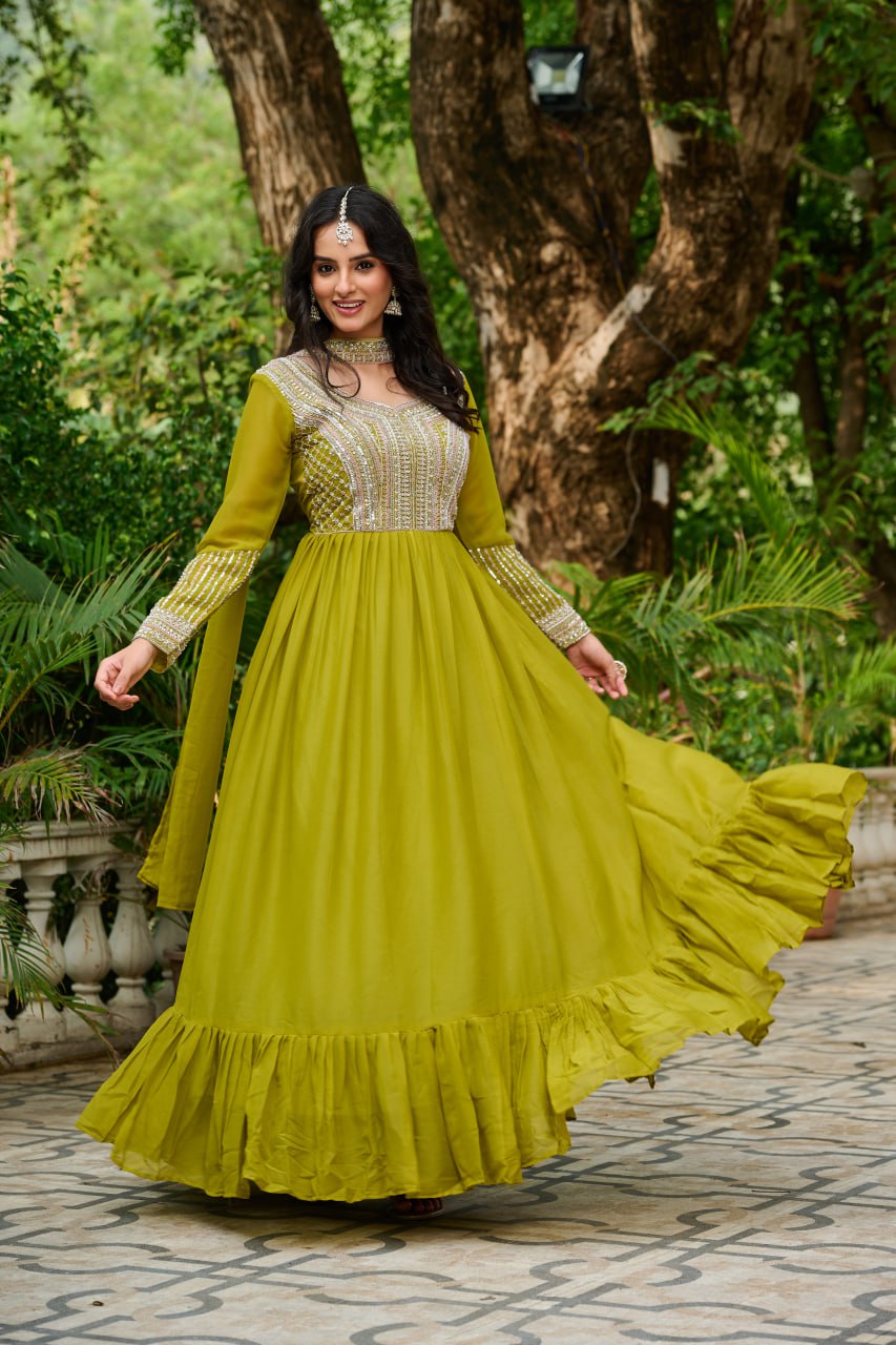 Parrot Green Elegant Star Georgette Embroidered Gown with Dupatta – Beads & Sequins Work ClothsVilla
